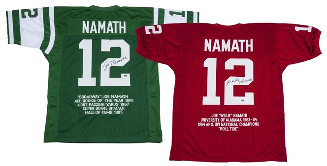 Lot of (2) Joe Namath Signed New York Jets & University of Alabama Jerseys